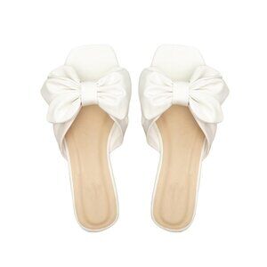 Gorglitter Size 11 Sandals Bow Flat Slide White Square Open Toe Slip-On